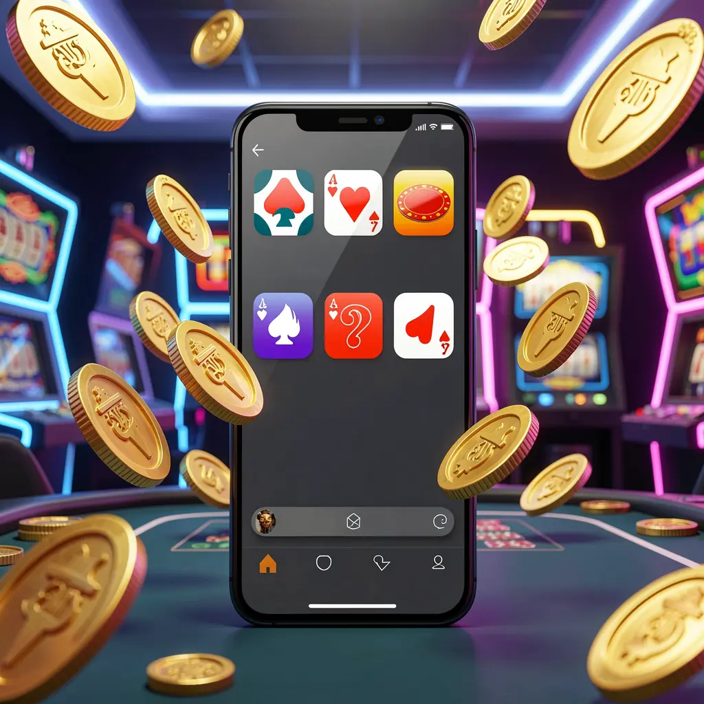AC96 Android casino app concept displayed on a modern phone with app icons, surrounded by golden coins and slot symbols floating in a neon casino atmosphere, realistic 3D render