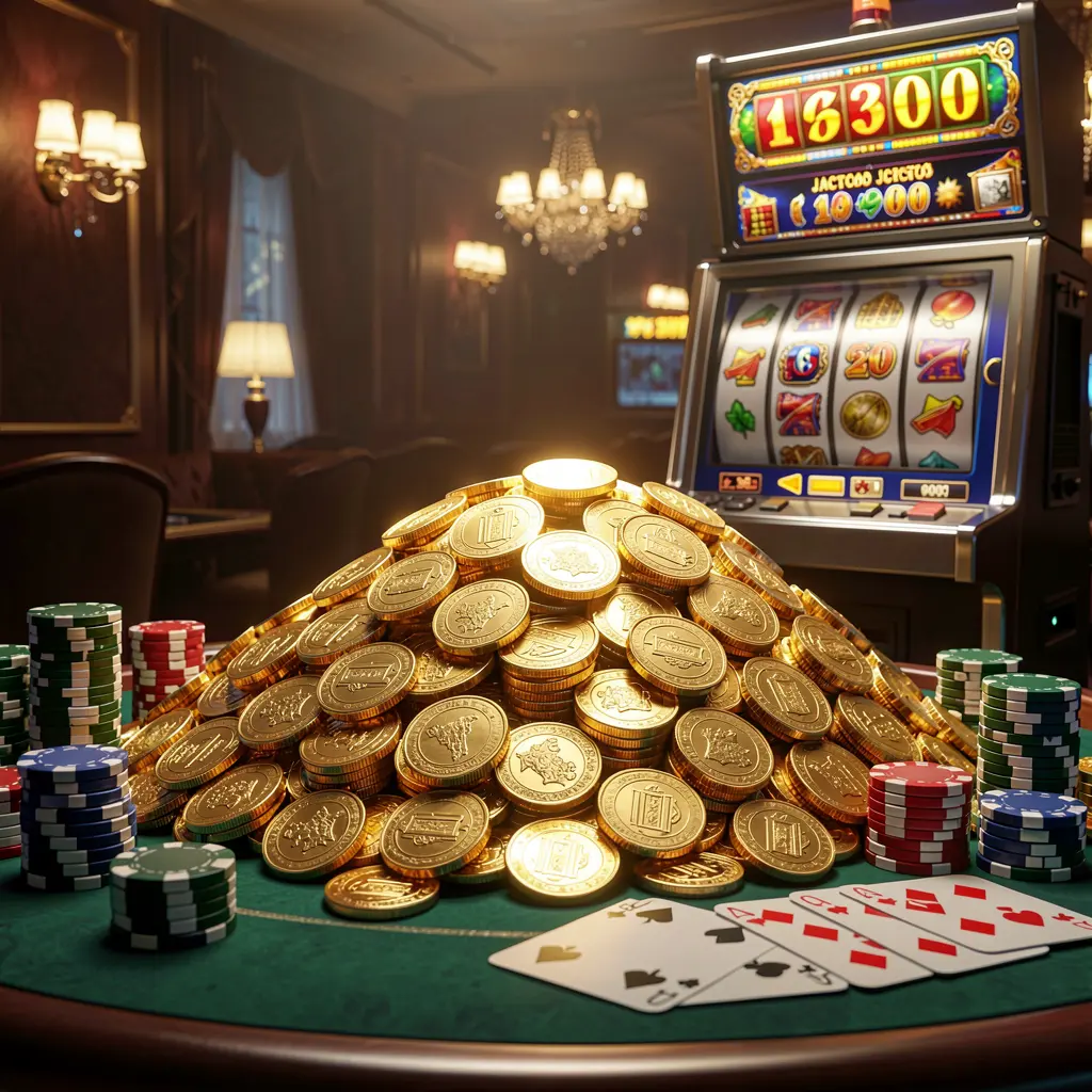 AC96 online casino jackpot bonus scene with a massive pile of golden coins, a slot machine in the background, glowing jackpot lights, poker chips and playing cards on a luxury table under dramatic cinematic lighting