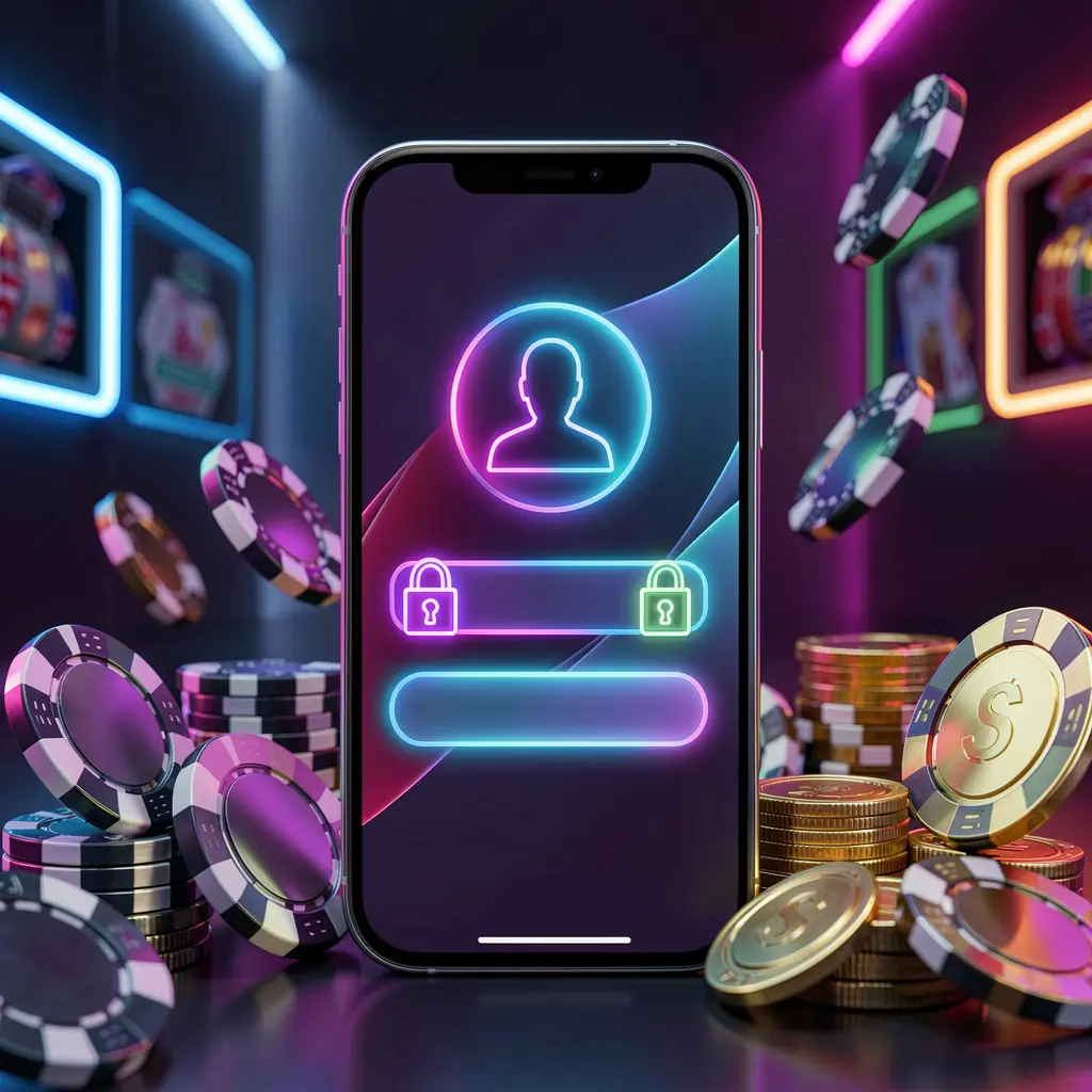AC96 mobile gaming login page concept featuring a smartphone with an abstract login interface, user and lock icons, surrounded by casino chips and coins under luxury neon lighting
