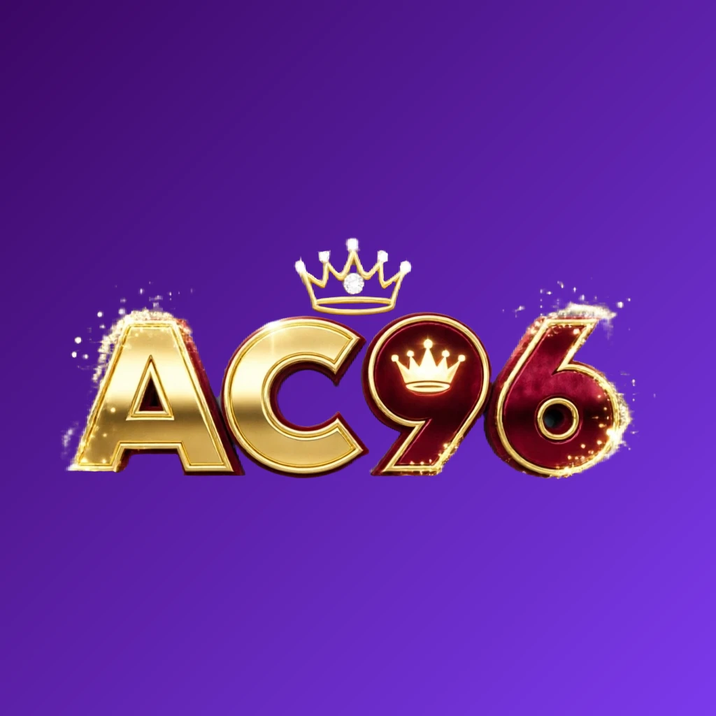 Dynamic AC96 casino-style logo featuring massive bold gold and crimson lettering with a glowing crown and sparkling light effects on a transparent background, designed as a wide horizontal rectangular wordmark for a website header