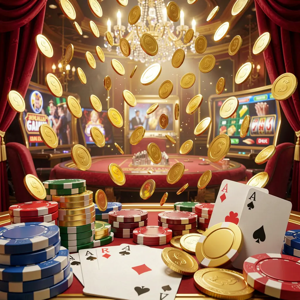 AC96 online gaming platform homepage banner featuring bright casino lights, golden coins raining, poker chips and playing cards in the foreground with a luxury red and gold atmosphere in a high detail 3D render